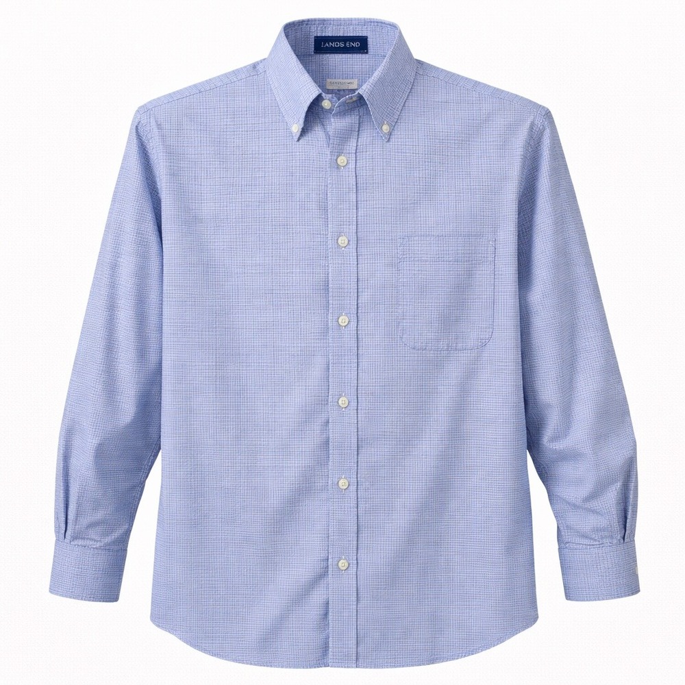 Lands' End Light Blue Check Button-Down Dress Shirt 16.5-34 Regular